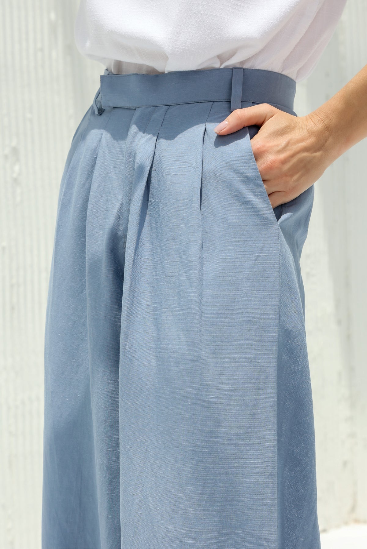 Blue High-Waisted Pants with Half Skirt