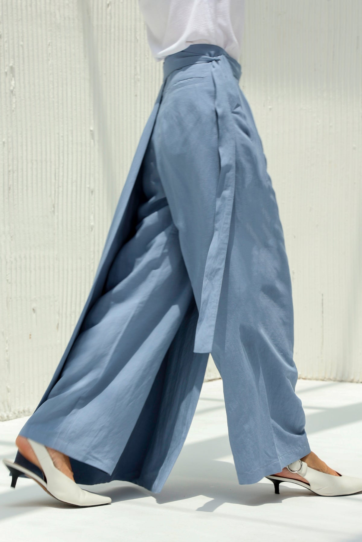 Blue High-Waisted Pants with Half Skirt